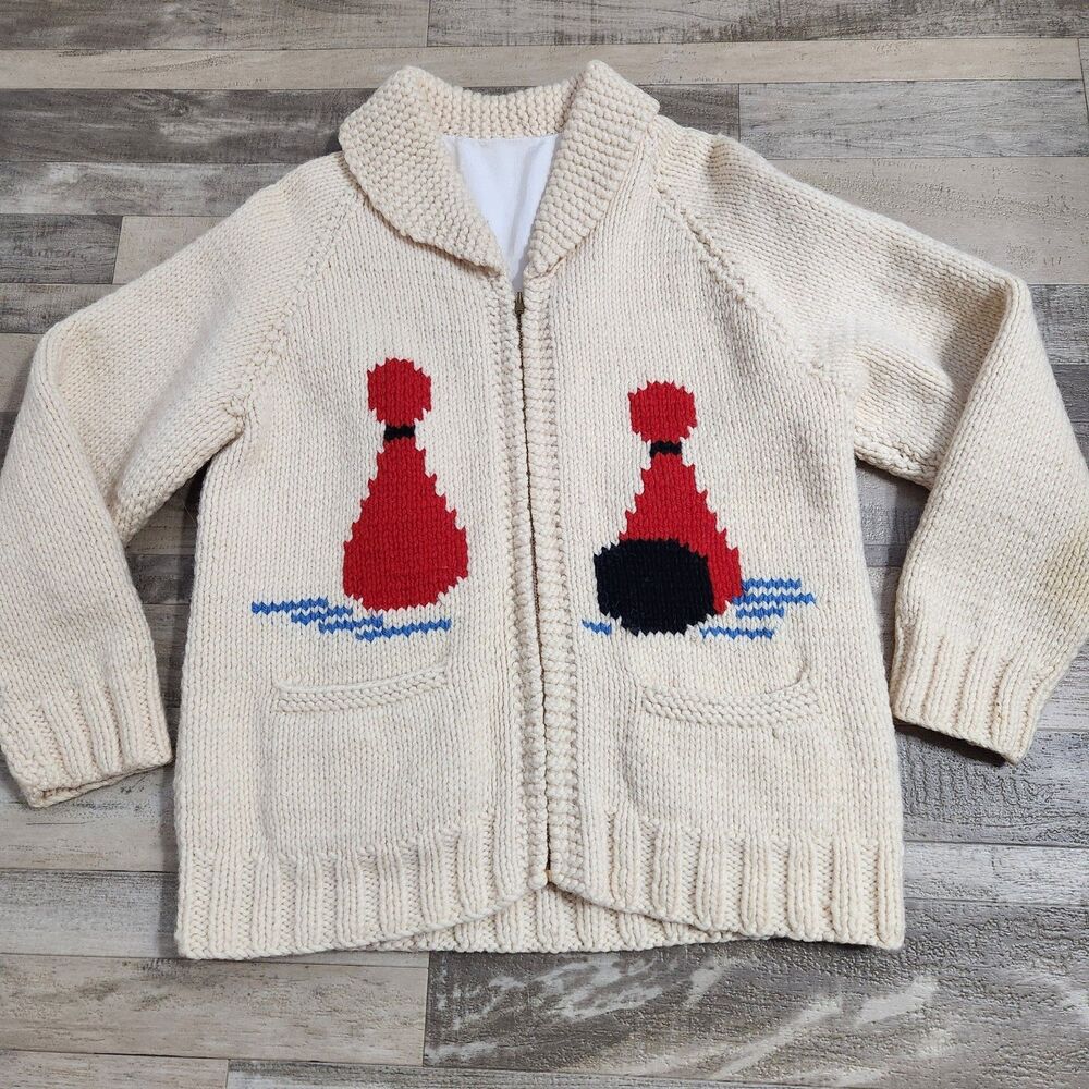 Bowling Cowichan Sweater 1950s Hand Knit Lined Wool Cardigan Talon Zip Pinup  M - Picture 3 of 16